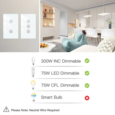 Three Gang Smart Dimmer Switch for Single Pole Setup, Neutral Wire Required, Independently Dim Each Light with compatibility chart