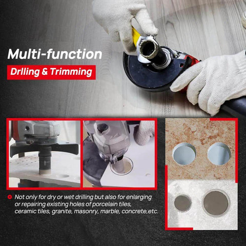 DT-DIATOOL Diamond Core Drill Bits Kit (Amazon) 25/35/51/65/102mm bits and 25mm finger bit; collage of tile drilling