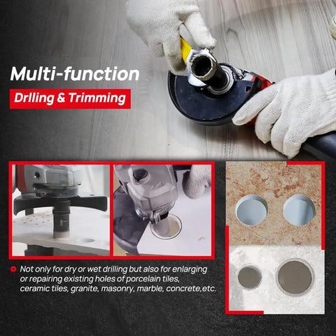 Diamond Core Drill Bit Set For Tile And Stone Includes 19mm 28mm 35mm 45mm 51mm Diamond Bits 20mm Finger Bit Two Adapters And Hole Saw For Precise Wet Or Dry Drilling shown in use.