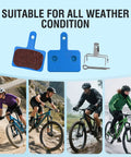 Blue 4 Pack Disc Brake Pads For Mountain Bikes Resin Semi Metallic Quiet And Low Rotor Wear High Performance Braking For Disc Systems Compatible With TRP Tektro Shimano Deore And Ebike Brakes shown with cyclists on varied terrain