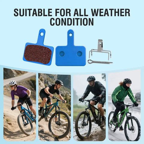 Blue 4 Pack Disc Brake Pads For Mountain Bikes Resin Semi Metallic Quiet And Low Rotor Wear High Performance Braking For Disc Systems Compatible With TRP Tektro Shimano Deore And Ebike Brakes shown with cyclists on varied terrain