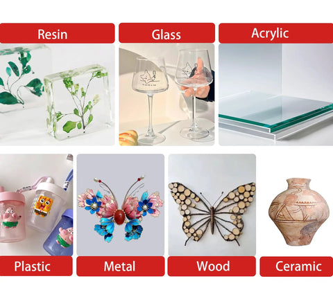 Resin, glass, acrylic, plastic, metal, wood, and ceramic materials displayed for use with 60g UV Resin Kit With Rechargeable Light Pro Grade Bonding System Fast 5 Second Cure Crystal Clear Glue For Plastic Glass Acrylic Jewelry Making DIY Crafts Repairs.
