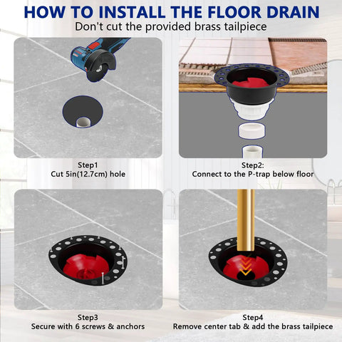 Installation guide for Freestanding Tub Drain Rough In Kit With PVC Adapter, showing steps to cut hole and connect plumbing.