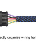 100 Ft Half Inch PET Expandable Braided Cable Sleeving Black Blue For Auto Audio And HDMI Wiring, Durable PET Cable Sleeve That Expands Fifty Percent, Heat Resistant Up To 257 Fahrenheit shown organizing colorful wires