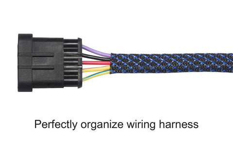 100 Ft Half Inch PET Expandable Braided Cable Sleeving Black Blue For Auto Audio And HDMI Wiring, Durable PET Cable Sleeve That Expands Fifty Percent, Heat Resistant Up To 257 Fahrenheit shown organizing colorful wires
