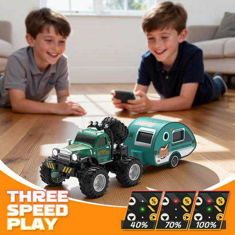 Two boys playing with Mini 1 64 Scale RC Truck With Detachable Trailer 2.4GHz Remote Control Rechargeable Battery on floor