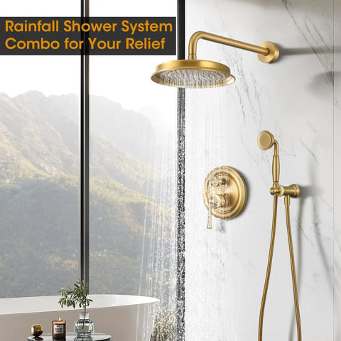Antique Style Rain Shower System With Balance Pressure Valve And Brushed Gold Trim For Any Bathroom Vibe Premium Solid Brass Build Legit Durable Setup Smooth High Flow Spray No Clogging Design
