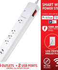 Smart Wi Fi Power Strip Surge Protector With Four Outlets Two Usb Ports Keeps Your Gear Fully Charged, compact design with angled plug.