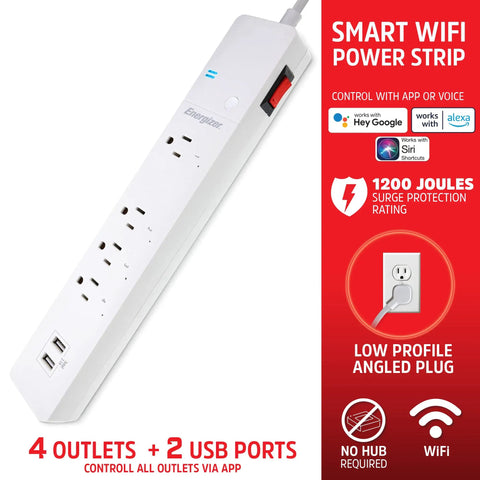 Smart Wi Fi Power Strip Surge Protector With Four Outlets Two Usb Ports Keeps Your Gear Fully Charged, compact design with angled plug.