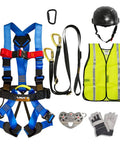 Safety harness kit with blue harness, helmet, yellow vest, gloves, and black ropes on white background.