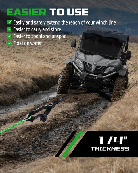 Daydoor 14 Inch X 50 Feet Green Synthetic Winch Rope Extension For Light Duty Atv And Utv Recovery With 10000 Lbs Load Rating, ATV in muddy terrain.