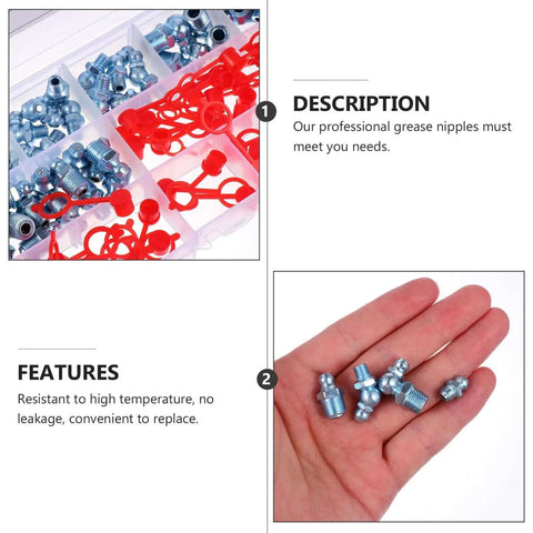 Premium 100 Piece Zerk Grease Nipples Kit With Caps Plus High Temp Wear Resistant Iron And Pe Fittings For Industrial Hydraulic Equipment Maintenance No Mess Leak Free Operation Made To Fit All Standard Fittings Today, assorted capped fittings in box