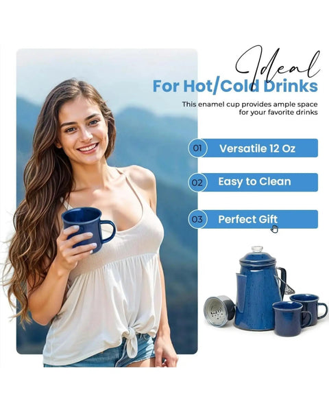 Smiling person holds a blue mug from a Durable Classic Enamel 12 Cup Coffee Percolator with Two Mugs for Camping in the image