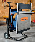 Portable Table Saw Stand With Rock Solid Folding Frame showing heavy-duty construction, grippy wheels, and compact design.