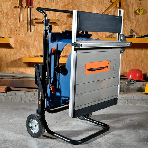 Portable Table Saw Stand With Rock Solid Folding Frame showing heavy-duty construction, grippy wheels, and compact design.