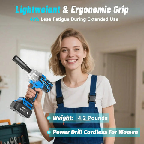 Woman holding Beefy 1/2 Inch Cordless Impact Wrench With 450 Ft Lbs Torque, Brushless Motor, 4.0Ah Battery, 4 Sockets