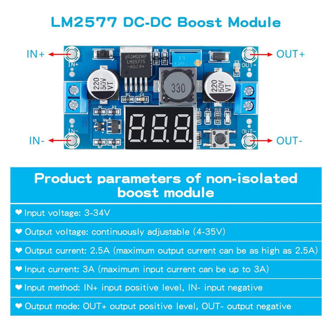 LM2577 DC-DC Boost Module With Digital Display Voltmeter, Adjustable Output 4-35V, 2.5A Boost Converter in blue color