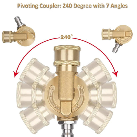 Lucstar pivoting coupler for pressure washer nozzle tips, 240° with 7 angles and gutter attachment.