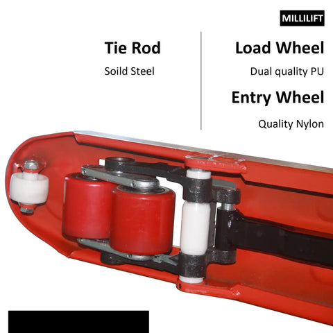 Heavy Duty Manual Pallet Jack With Forty Eight Inch Forks And Five Thousand Five Hundred Pound Capacity Built Like A Tank Using High Strength Steel For Rock Solid Performance On Demanding Warehouse Tasks And Pro Hauling