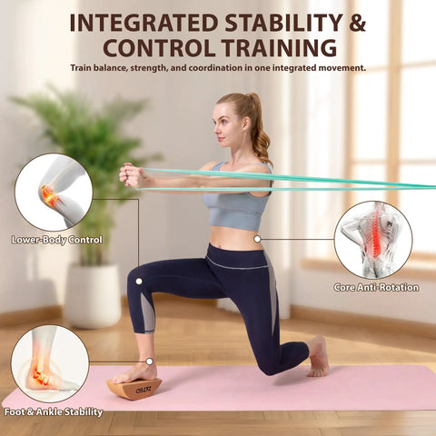 Integrated stability training session using a Reversible Half Moon Cork Yoga Block Pair Solid Game Changer Balance Trainer.