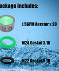 Top Shelf Faucet Aerator Inserts 1.5 Gpm Flow Restrictor For Kitchen And Bath Fixtures shows 20 aerators and 20 gaskets in water.