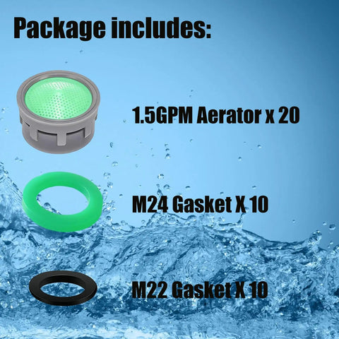 Top Shelf Faucet Aerator Inserts 1.5 Gpm Flow Restrictor For Kitchen And Bath Fixtures shows 20 aerators and 20 gaskets in water.