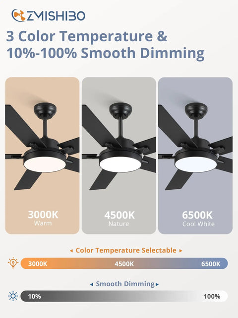 52 Inch Cool Modern Ceiling Fan With Lights And Smart Remote App Control 6 Speeds 3CCT Dimmable 30W LED Quiet DC Motor