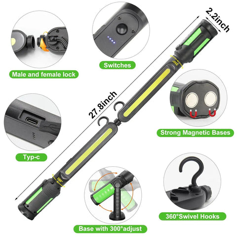 Detailed view of Dope Two In One Magnetic Work Light With 2400 Lumen LED, 4400mAh Rechargeable Battery, flexible design, hooks.