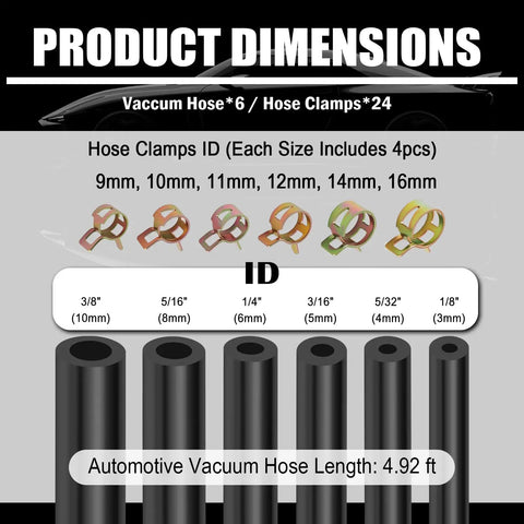 Ultimate Silicone Vacuum Hose Kit For Auto Projects details with size chart showing hose and clamp dimensions