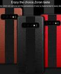 Three smartphone cases with textured leather finish and vertical black stripe, available in black, brown, and red, standing on display.