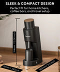 Heavy Duty Single Dose Coffee Grinder With Six Conical Burrs And Stepless Dial showcasing sleek design and dimensions on a kitchen counter.