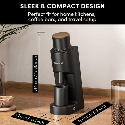 Heavy Duty Single Dose Coffee Grinder With Six Conical Burrs And Stepless Dial showcasing sleek design and dimensions on a kitchen counter.