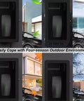 Heavy Duty Hella Weatherproof Lockable EV Charger Pedestal Enclosure Box With Secure Padlock Storage For Tesla Gen 3 Universal Compatible Outdoor Rain Guard Shield In White displayed in various weather conditions.