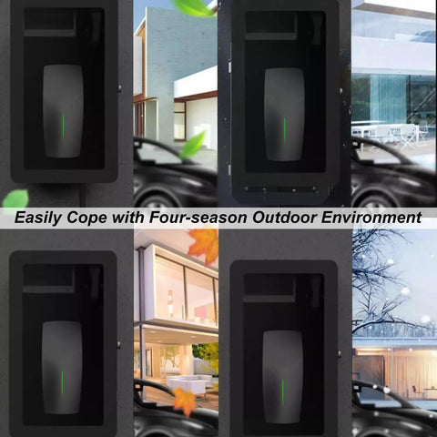 Heavy Duty Hella Weatherproof Lockable EV Charger Pedestal Enclosure Box With Secure Padlock Storage For Tesla Gen 3 Universal Compatible Outdoor Rain Guard Shield In White displayed in various weather conditions.
