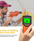 A person using a Wall Stud Finder while drilling, showcasing safety features to detect live wires.