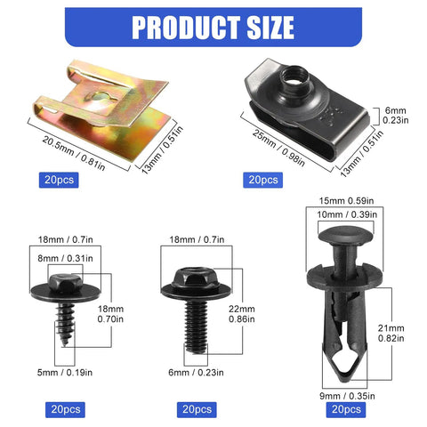 All In One Car Fastener Kit With 100 Pieces Screws Bolts Undertray Clips Plastic Rivets U Nuts Engine Under Cover Splash Shield Replacement By Uolor Universal Fit For Auto Body Fender product size chart