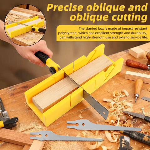 4 In 1 Miter Box And Saw Set With A 12 Inch Box And 3 Interchangeable Blades Japanese Pull Saw For Wood Drywall And Soft Metal Cutting Ideal For DIY And Home Projects Pro Grade in use on a wooden workbench