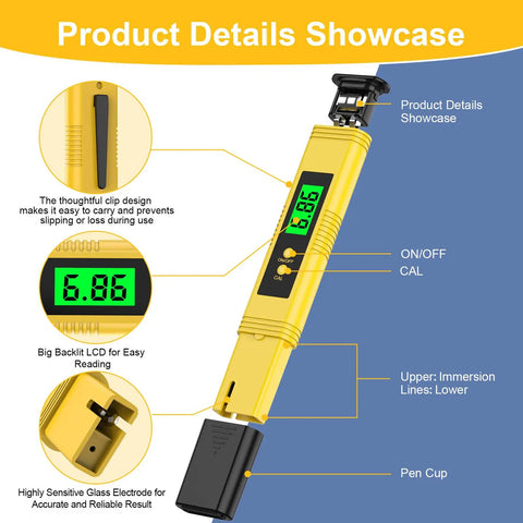 All Purpose PH Meter For Water With 0.01 PH Precision Digital Tester UL Certified Includes 3 Calibration Powders, backlit display