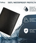 Double Layer Bubble Mailers 6x10 Inches 50 Pack Black Padded Envelopes shown with waterproof text and water splash graphic