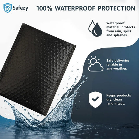Double Layer Bubble Mailers 6x10 Inches 50 Pack Black Padded Envelopes shown with waterproof text and water splash graphic