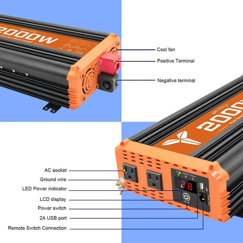 2000 Watt Pure Sine Wave Car Inverter 12V DC To 120V AC With 4000 Watt Peak Power, dual AC outlets and USB port