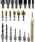 Premium Wood Chamfer Tool Set With Eight Killer Wood Plug Cutter Bits And Seven Dead Nuts Accurate Countersink Drill Bits Paired With Six Five Flute Ninety Degree Precision Drills Plus A Heavy Duty L Wrench For No Sweat Carpentry Builds.