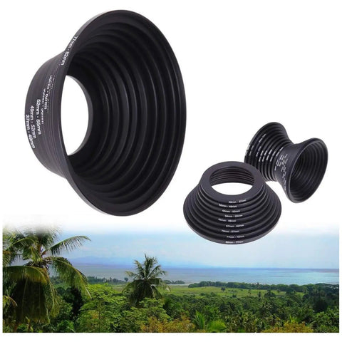 View of 18 Piece Metal Step Up Step Down Ring Adapter Kit for DSLR, covering 37mm to 82mm with step up and step down rings displayed outdoors