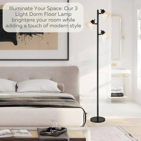 Three Light Black Floor Lamp Tree Style With Industrial Modern Look shown in a bedroom setting, showcasing adjustable heads.