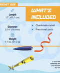 Checkmate Advanced Two Stage Flying Rocket Model Kit For Ages 10 And Up With dimensions and recovery streamer diagram.