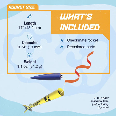 Checkmate Advanced Two Stage Flying Rocket Model Kit For Ages 10 And Up With dimensions and recovery streamer diagram.