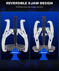 Three Jaw Gear And Bearing Puller Set With 3 Inch 4 Inch 6 Inch Sizes showcasing reversible jaws for external and internal gear removal.