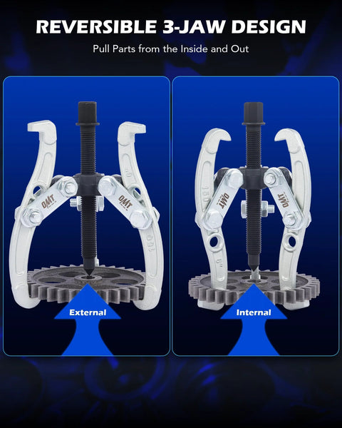 Three Jaw Gear And Bearing Puller Set With 3 Inch 4 Inch 6 Inch Sizes showcasing reversible jaws for external and internal gear removal.