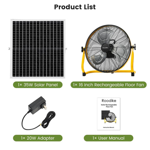 16 Inch Solar Rechargeable Floor Fan With 35W Power, Battery Operated For Outdoor Garden Greenhouse Barn Stable Camping And Garage, Delivers Strong Air Flow, Long Battery Life, Easy Setup, Portable Cooling