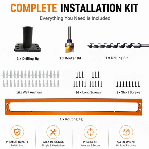 Two Pack 22 Inch Heavy Duty Floating Shelf Brackets with complete installation kit including routing jig, drill and router bits